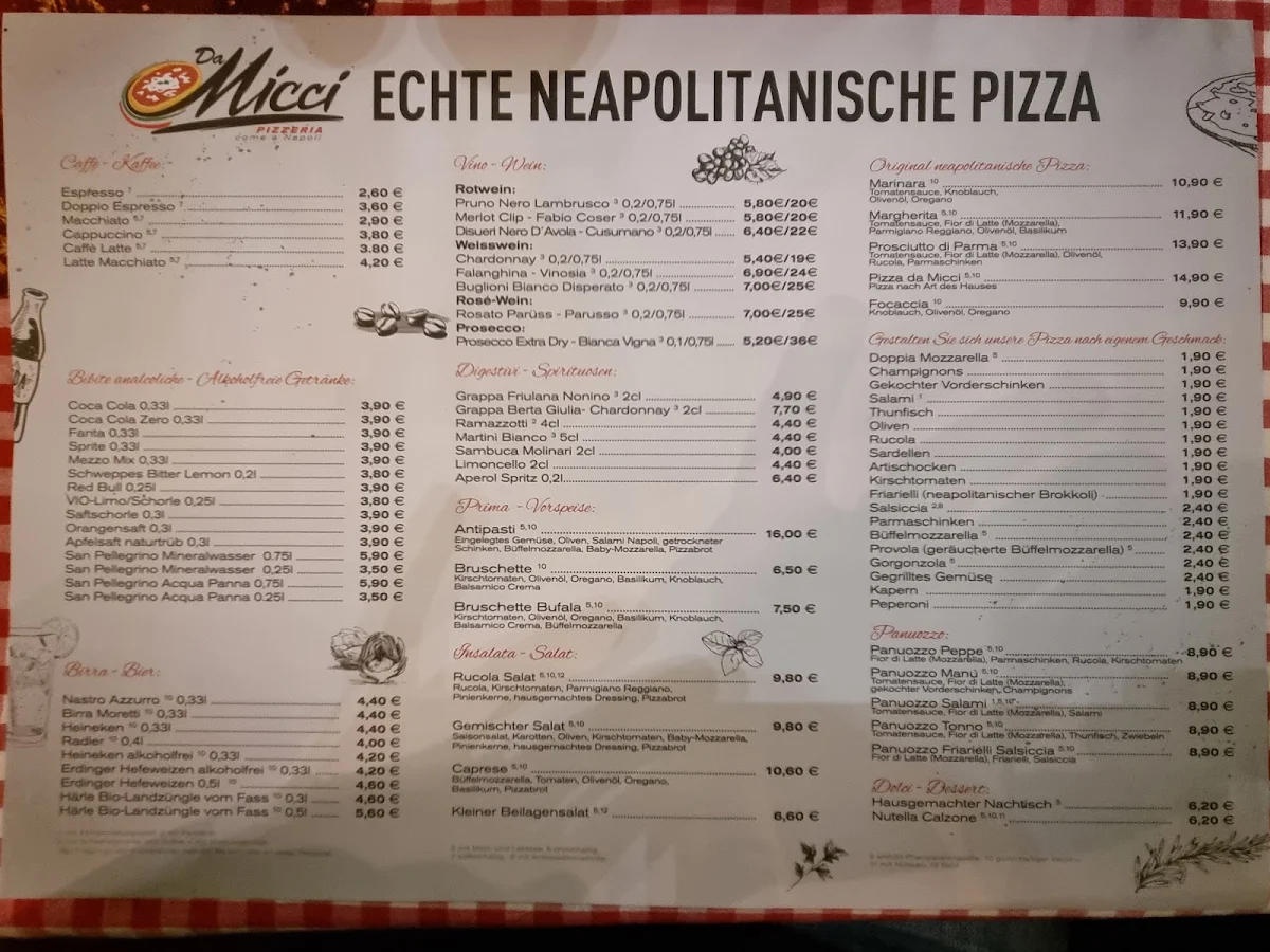 Speisekarte, Pizzeria da Micci