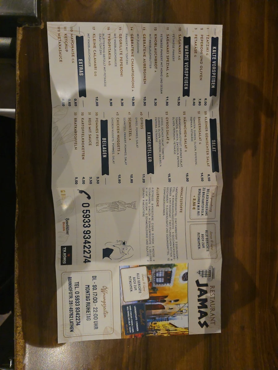 Speisekarte, Restaurant Jamas