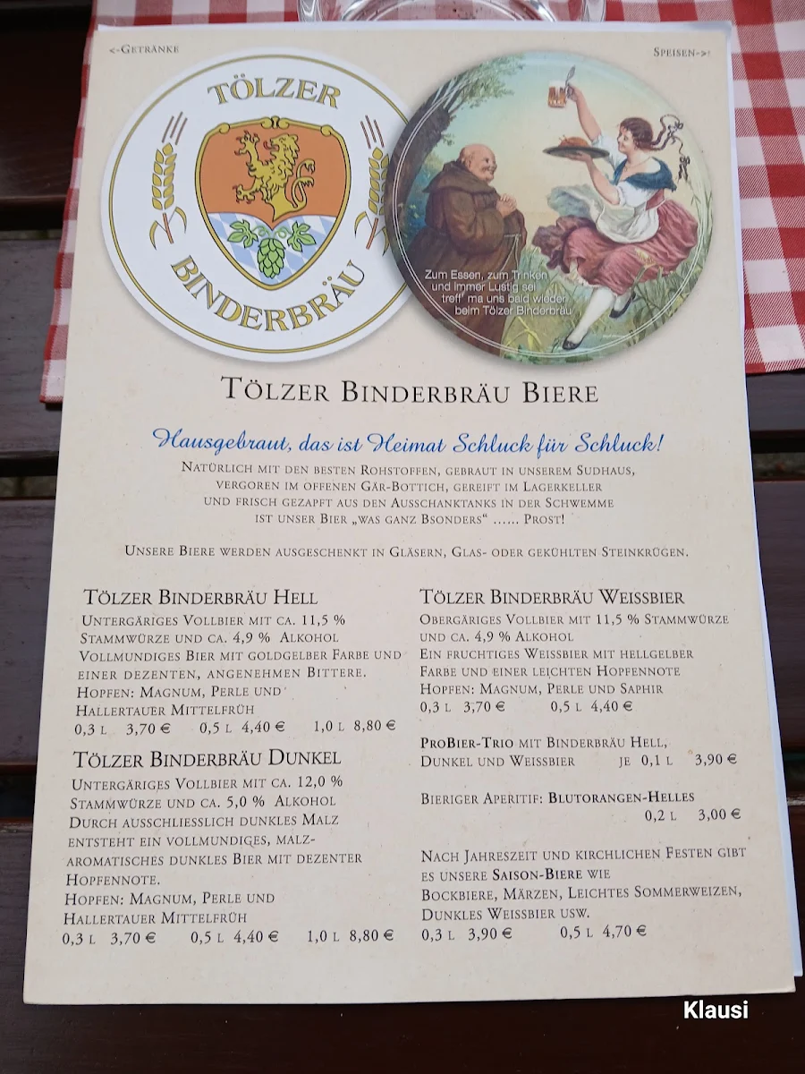 Speisekarte, Brauereigaststätte Binderbräu