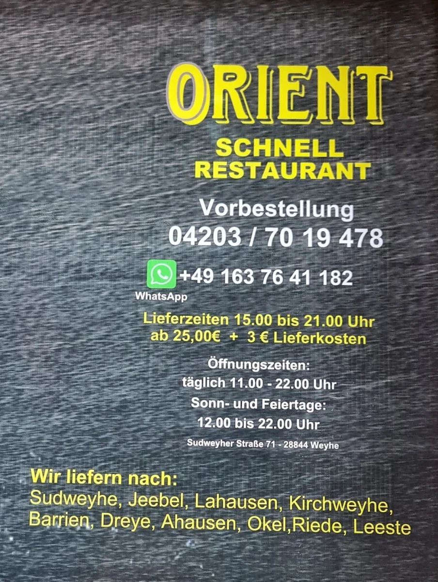 Speisekarte, Orient Schnellrestaurant