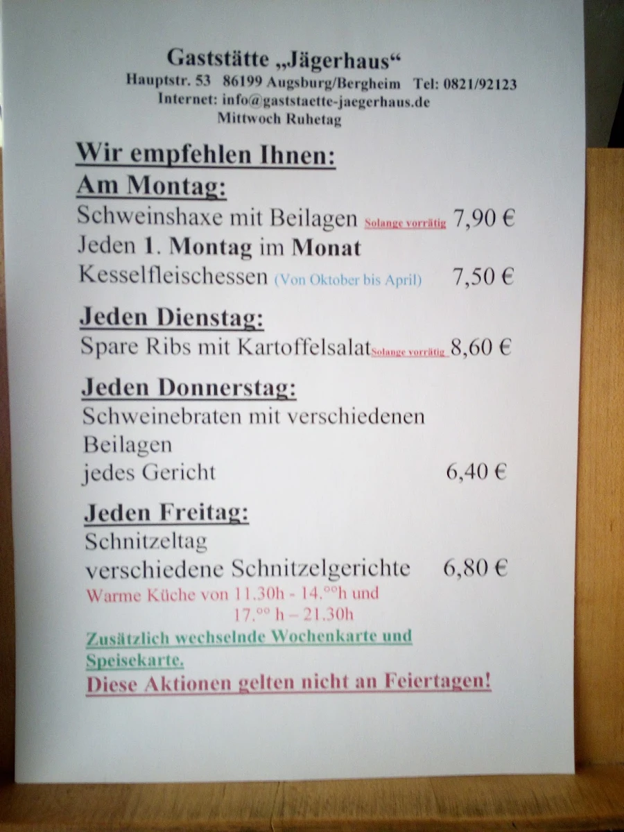Speisekarte, Restaurant Jägerhaus