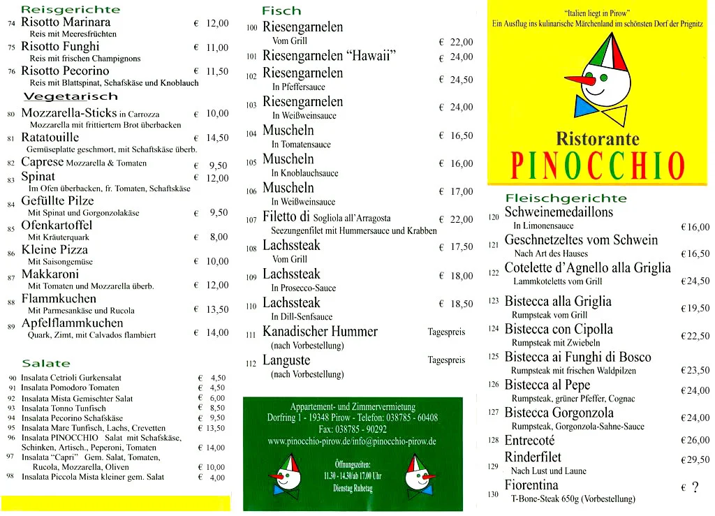 Speisekarte, Pension Pinocchio Pizzeria u.