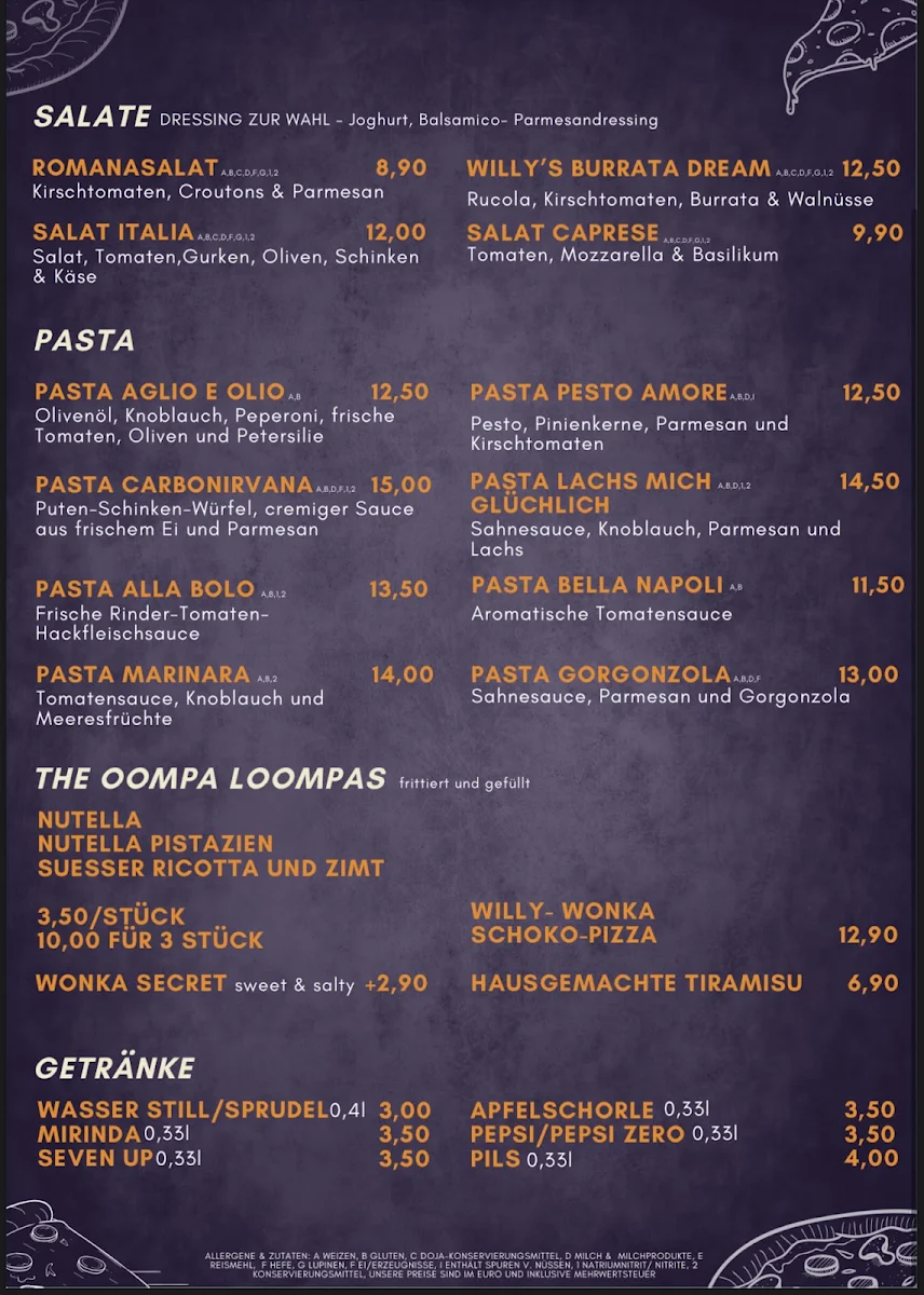 Speisekarte, WILLY WONKA Pizzeria