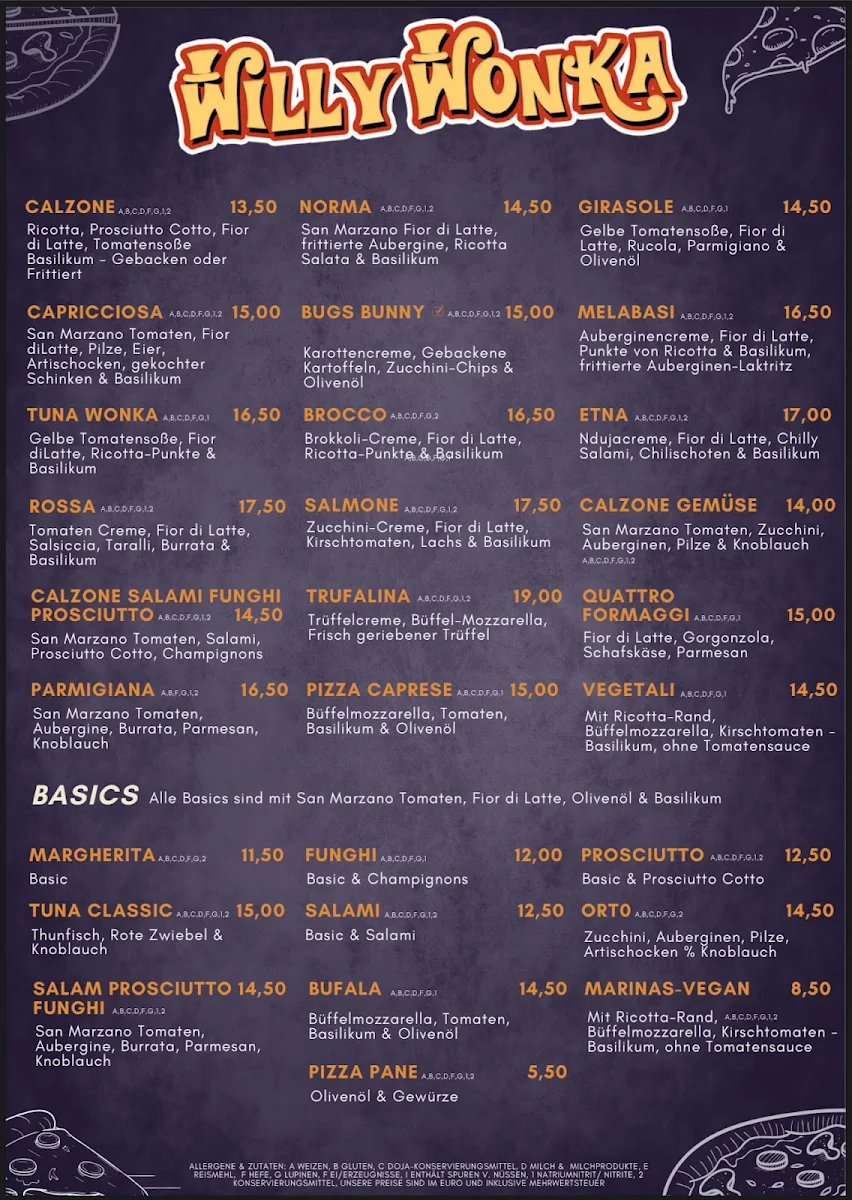 Speisekarte, WILLY WONKA Pizzeria