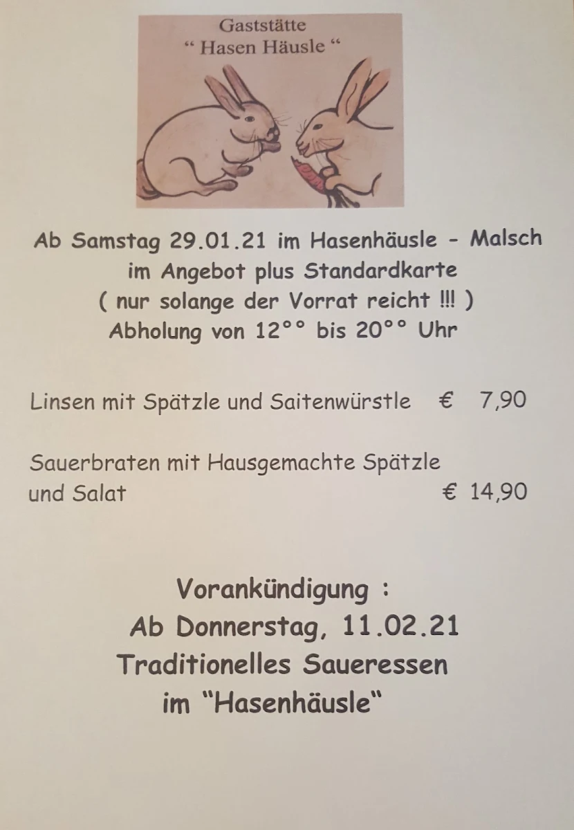 Speisekarte, Hasenhäusle am Tierpark