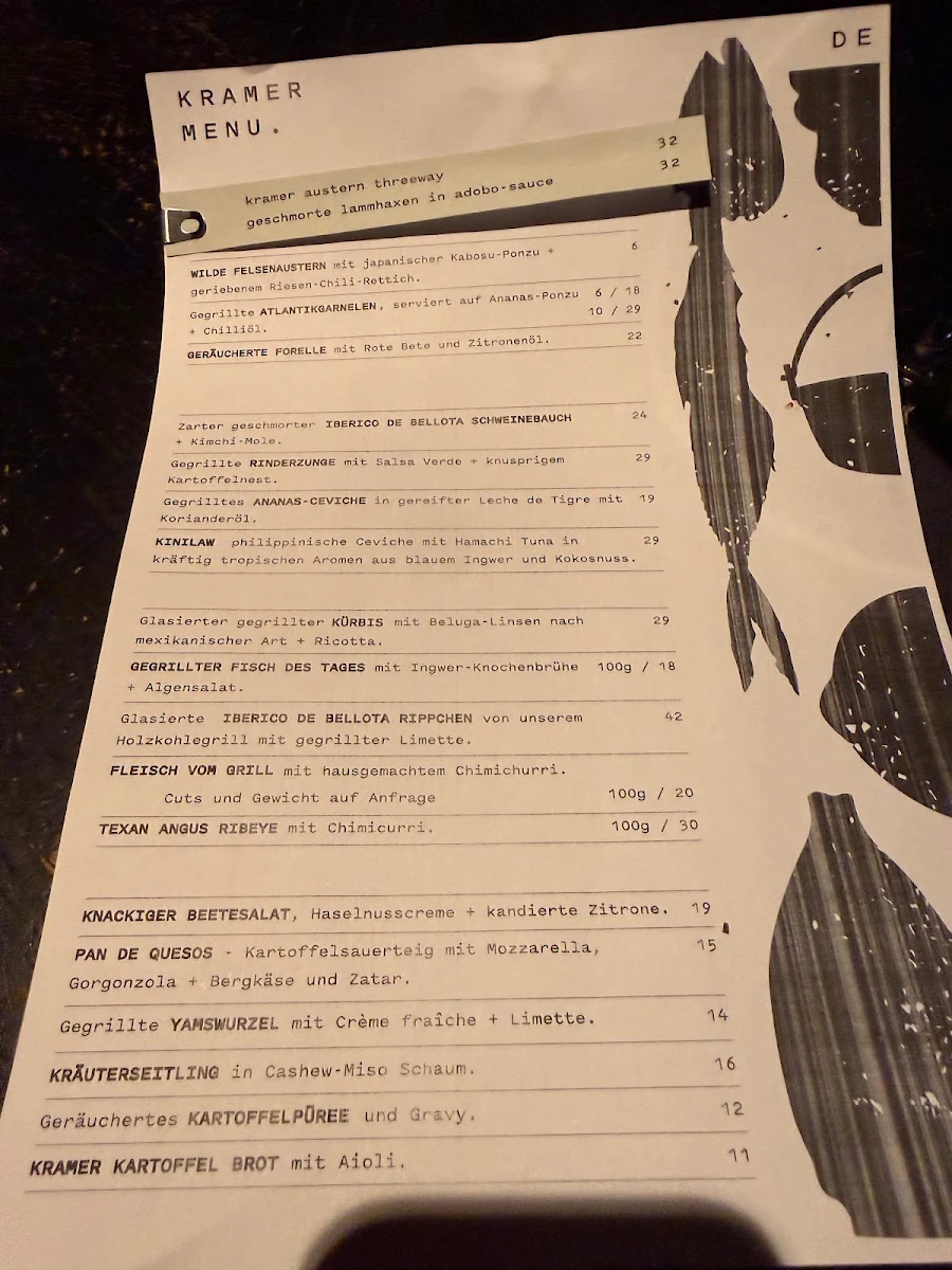 Speisekarte, Kramer Restaurant
