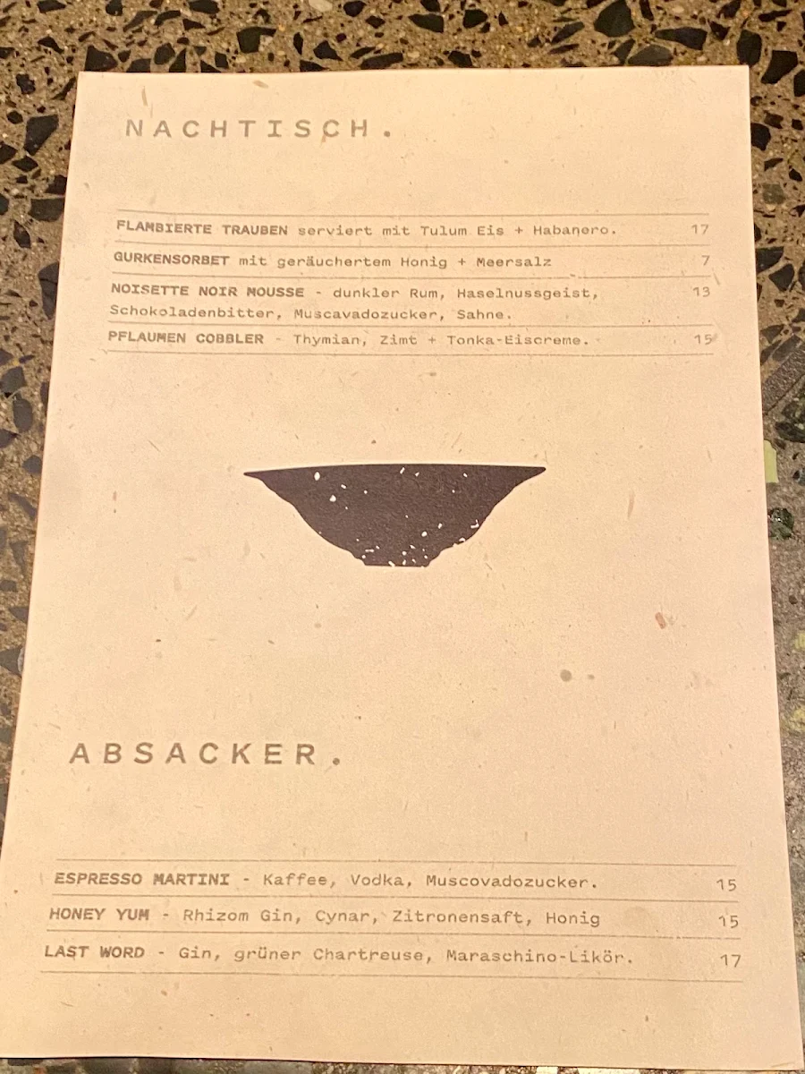 Speisekarte, Kramer Restaurant