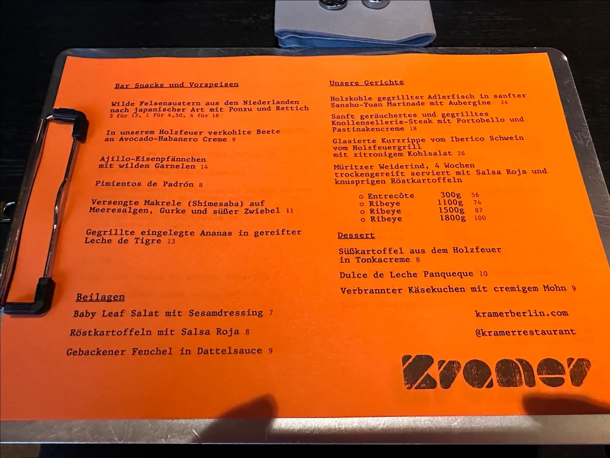Speisekarte, Kramer Restaurant