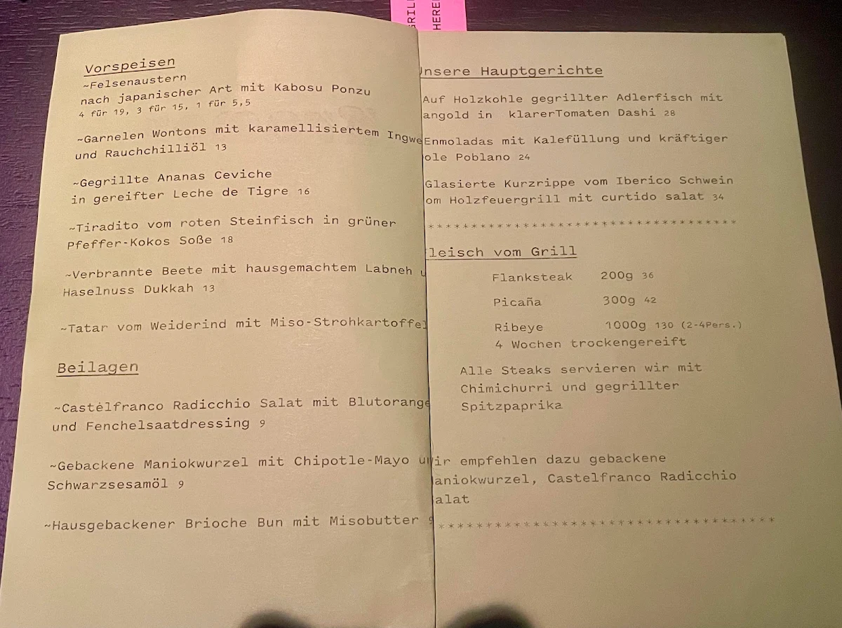 Speisekarte, Kramer Restaurant