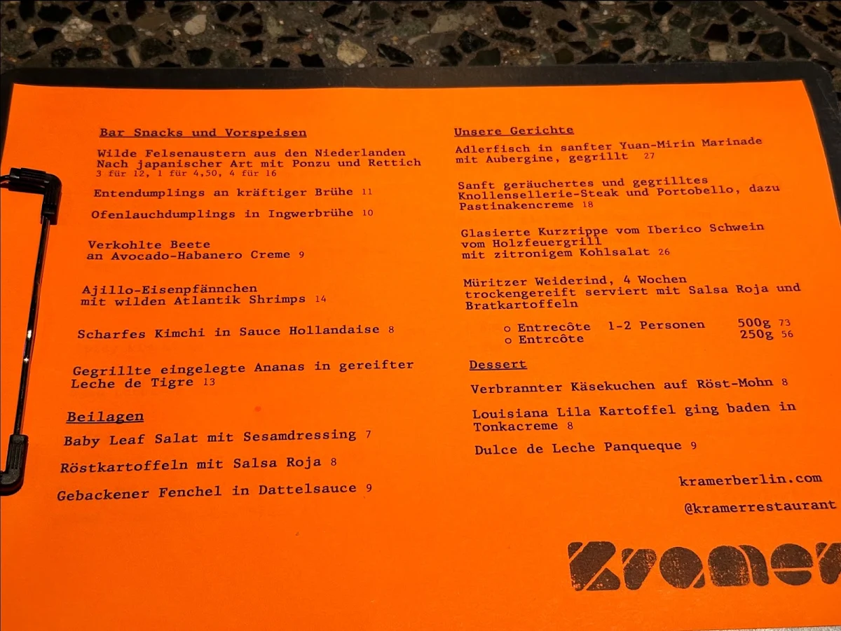 Speisekarte, Kramer Restaurant
