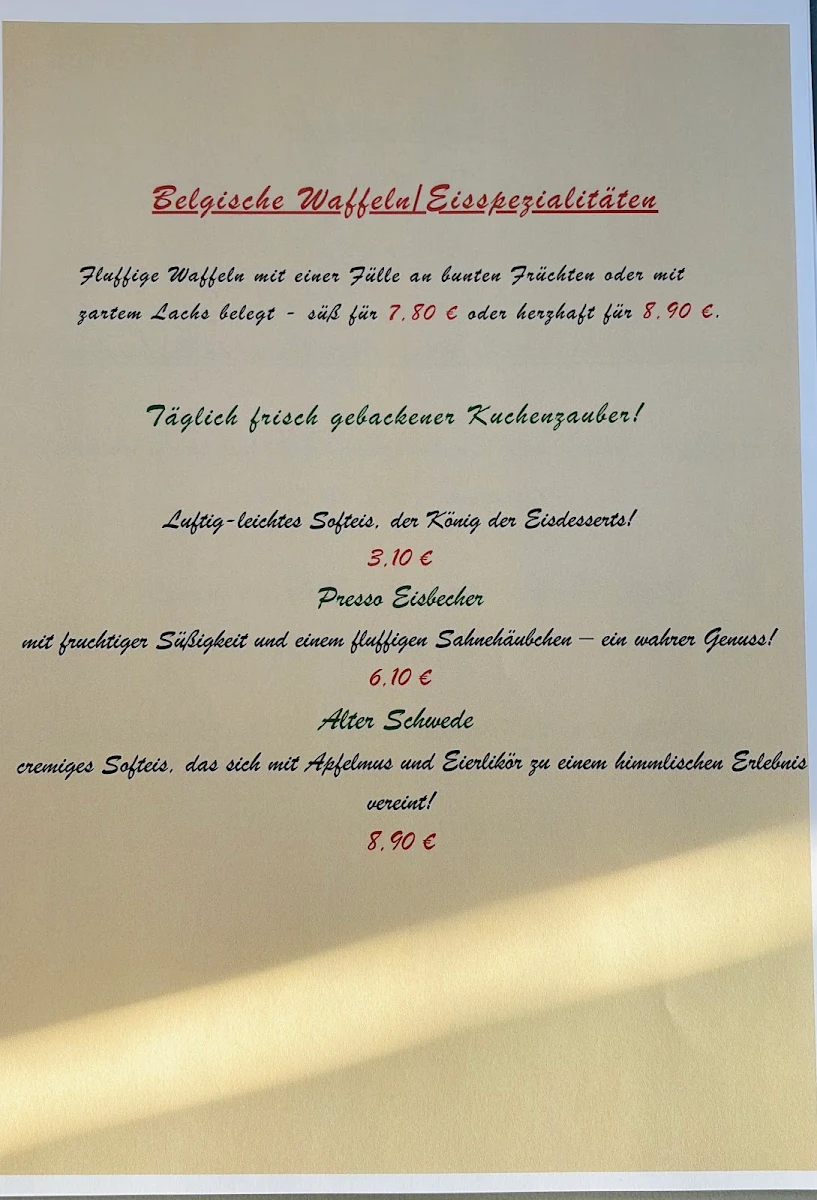 Speisekarte, Presso Cafe & Lounge