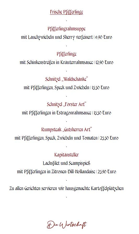 Speisekarte, Die Wirtschaft Essen