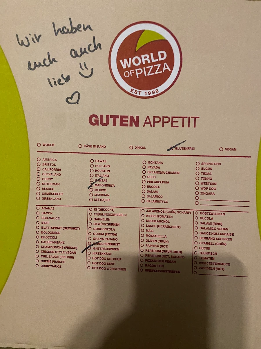 Speisekarte, WORLD OF PIZZA Werder (Havel)