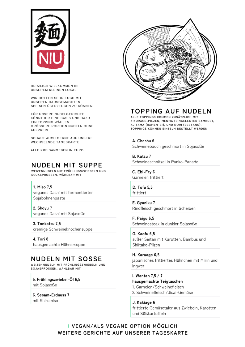 Speisekarte, Niu Noodle Soup and Dumplings