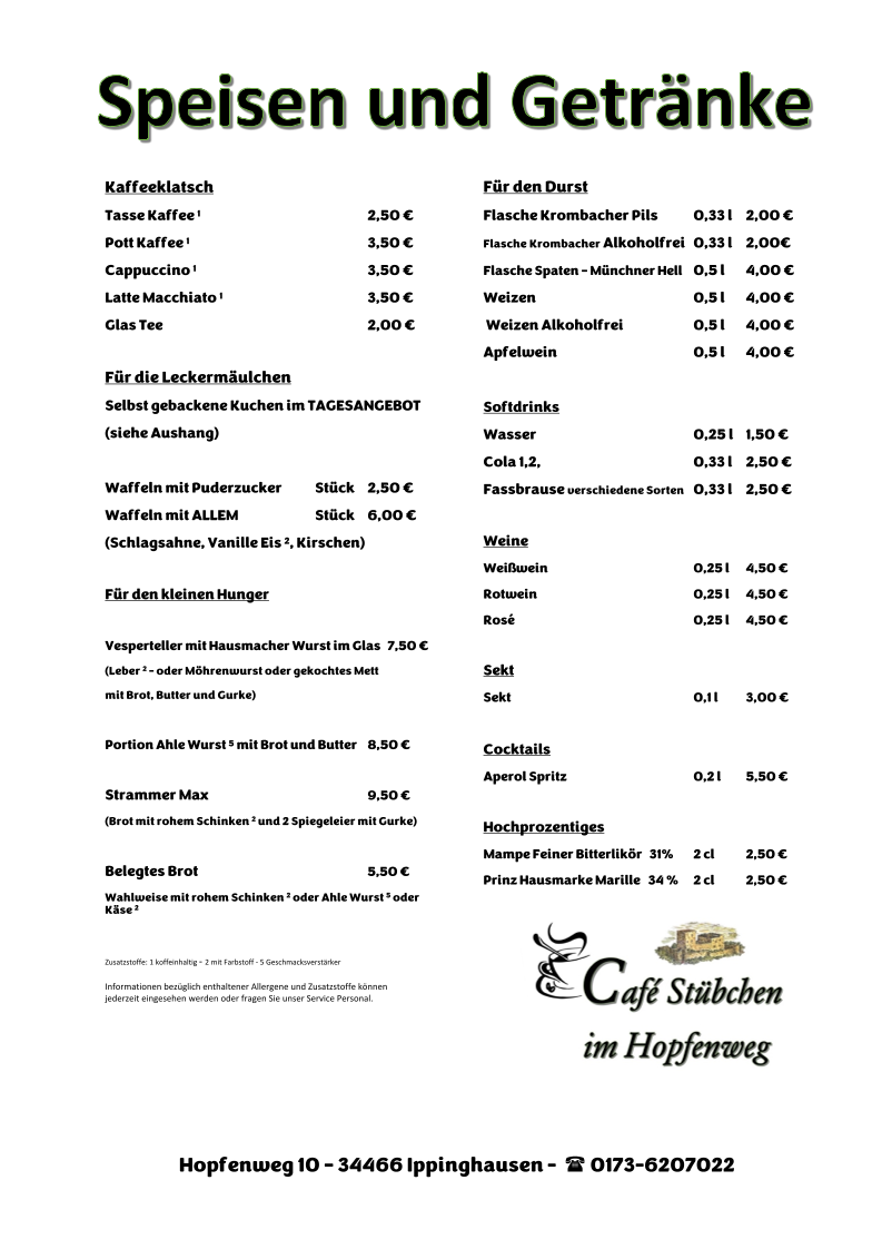 Speisekarte, Café Stübchen im Hopfenweg