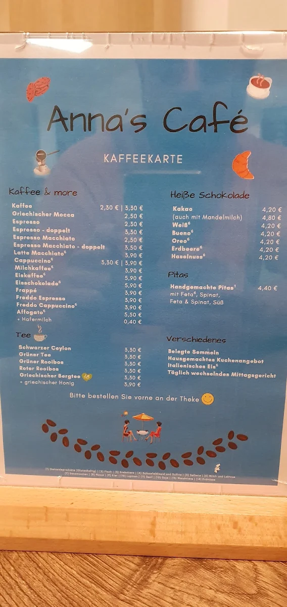 Speisekarte, Anna's Back und Kaffeegenuss