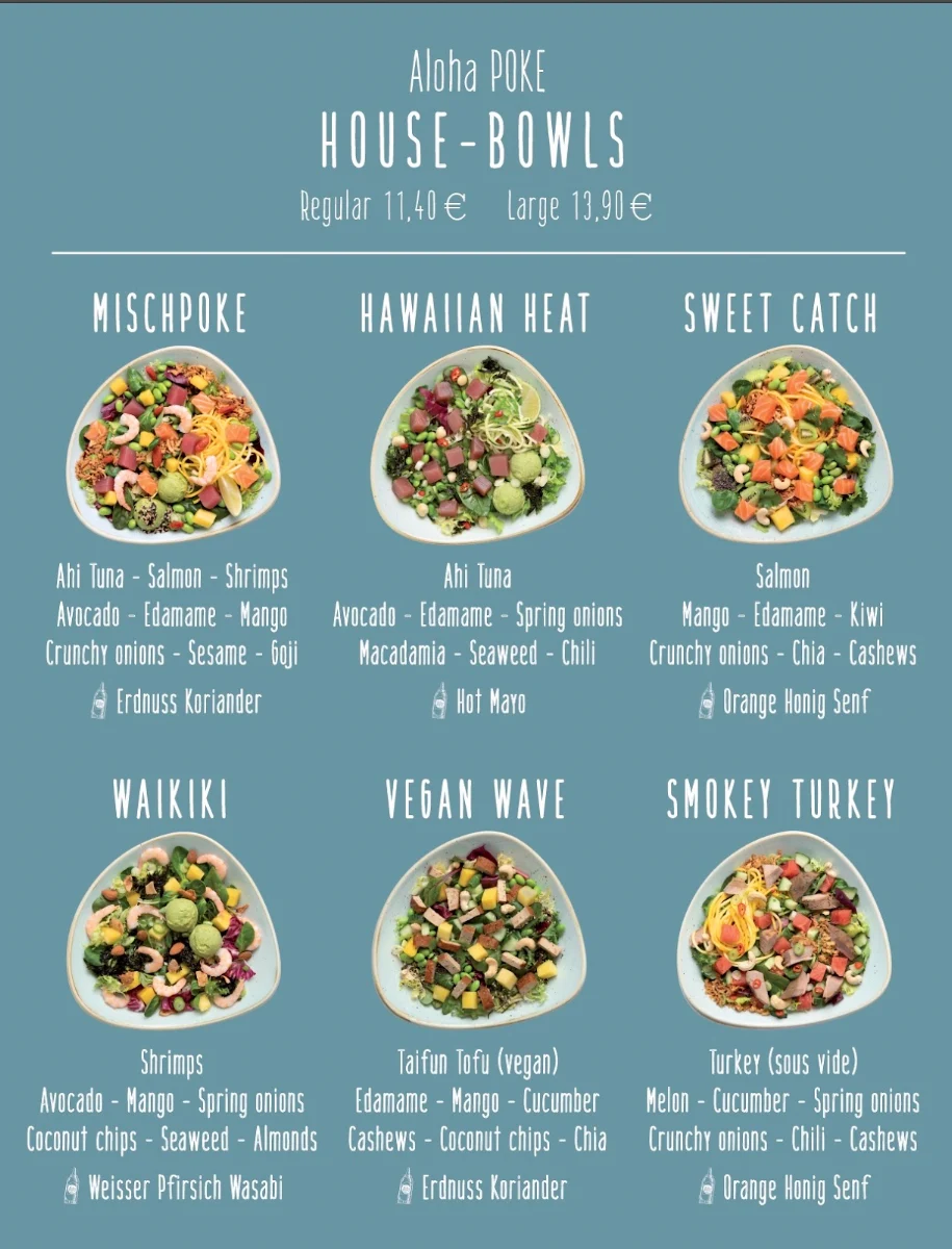 Speisekarte, Aloha POKE in der Maxvorstadt - BEST BOWLS - fresh food and salads. Healthy and yummy