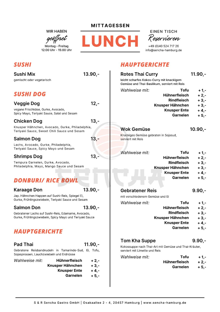 Speisekarte, Sencha Sushi Bar & Restaurant