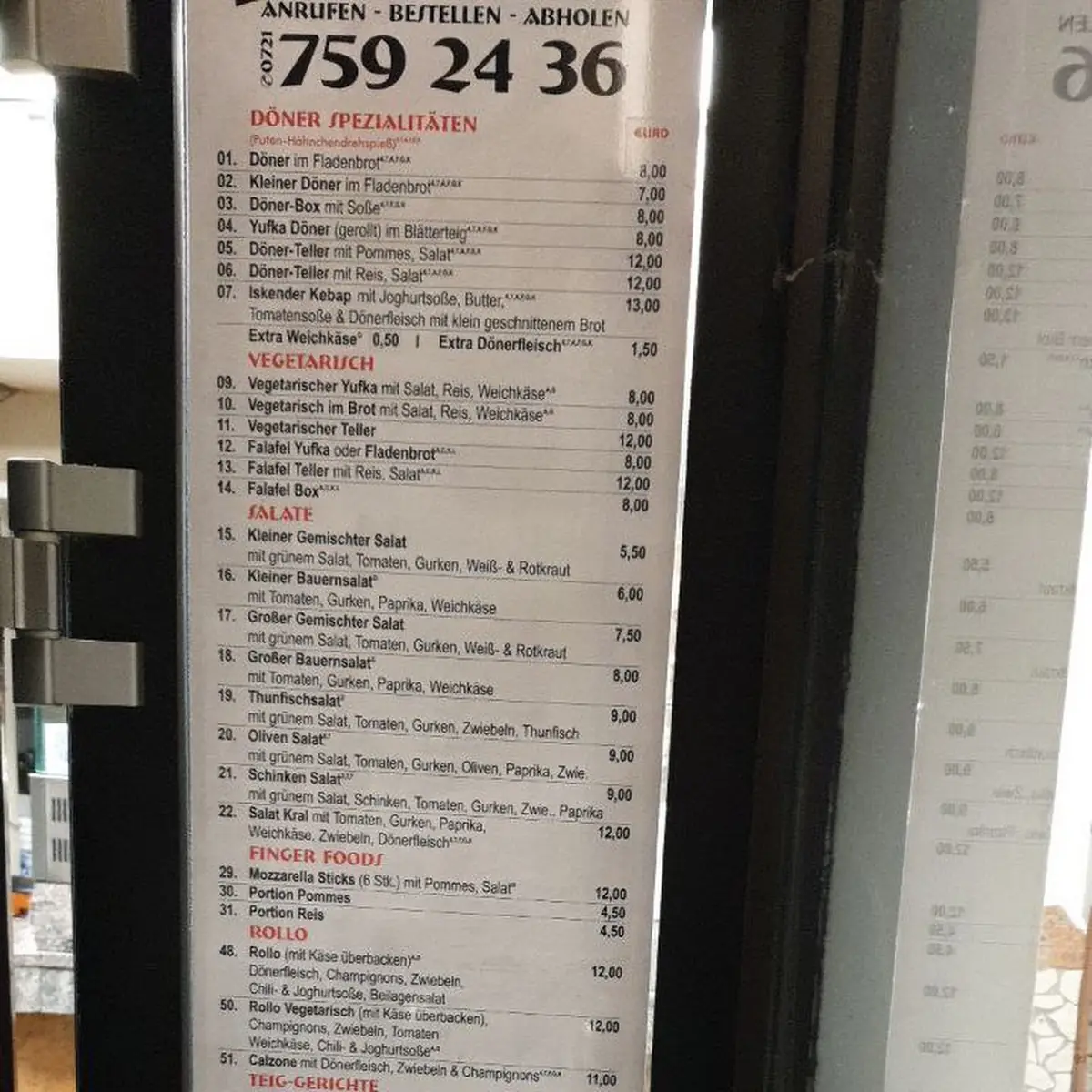 Speisekarte, Kral Döner & Pizza Haus