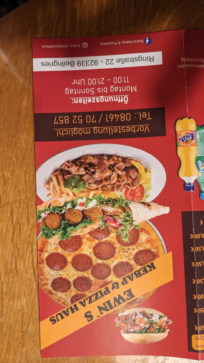 Speisekarte, Ewin's Kebap & Pizza Haus