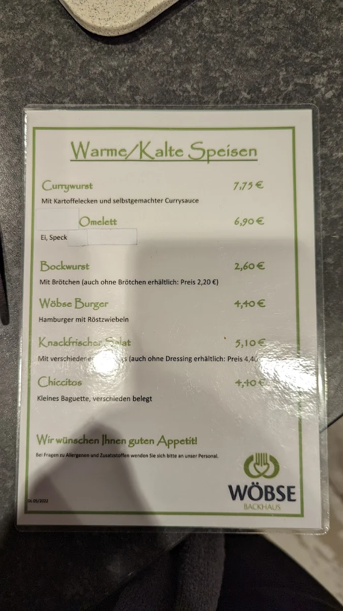 Speisekarte, Bäckerei Wöbse