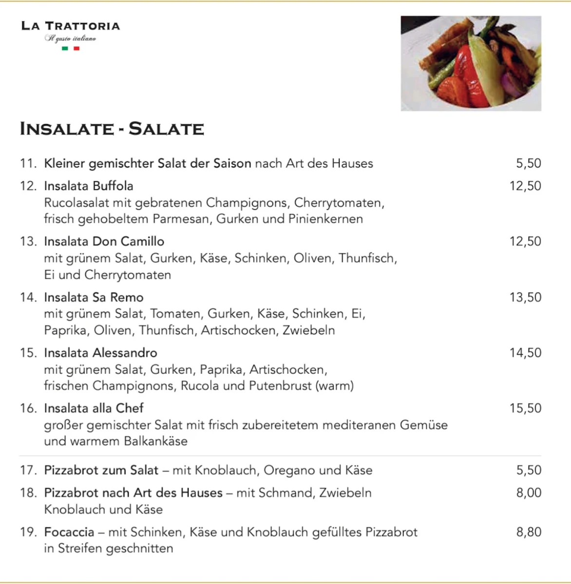 Speisekarte, La Trattoria