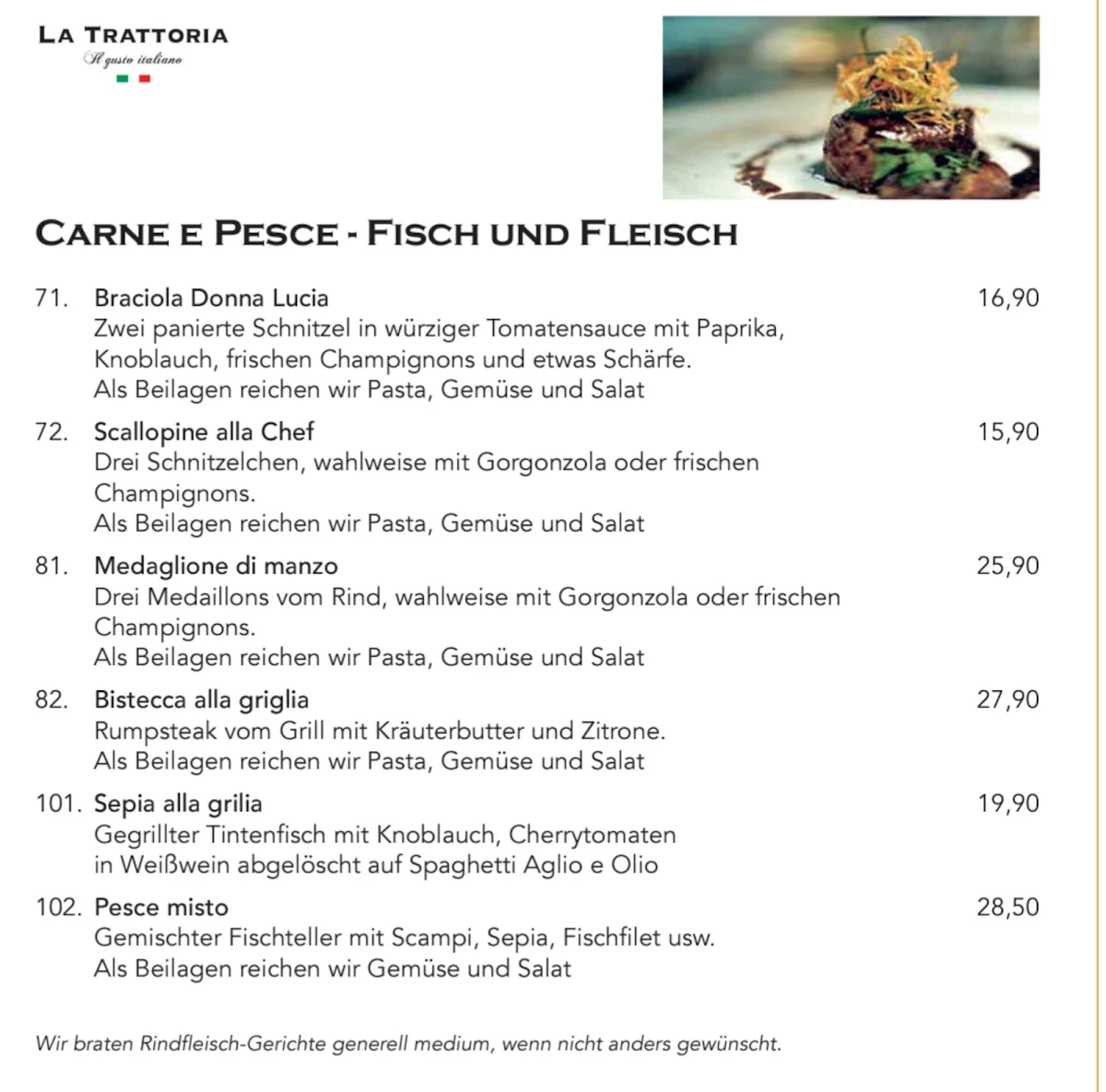 Speisekarte, La Trattoria
