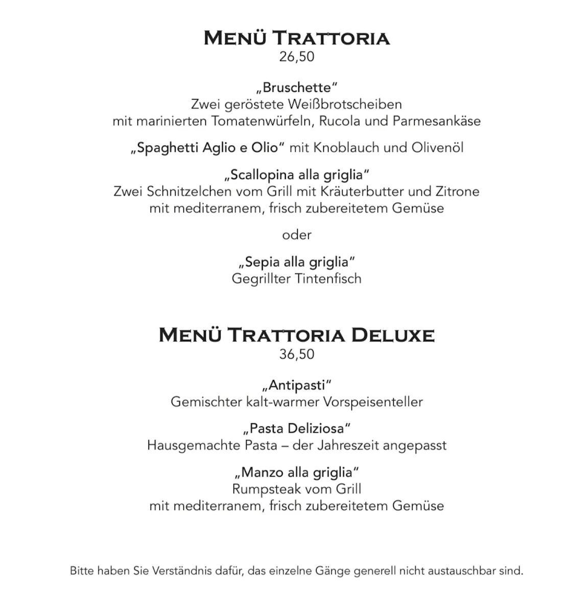 Speisekarte, La Trattoria