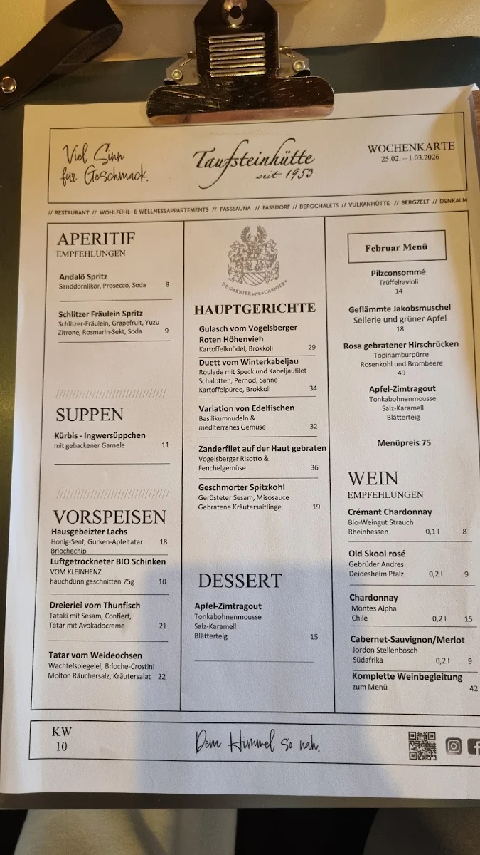 Speisekarte, Taufsteinhütte