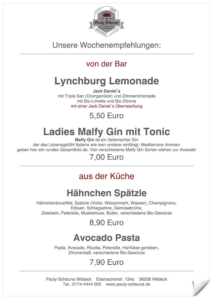 Speisekarte, Restaurant Pauly-Scheune - Jens Lindner