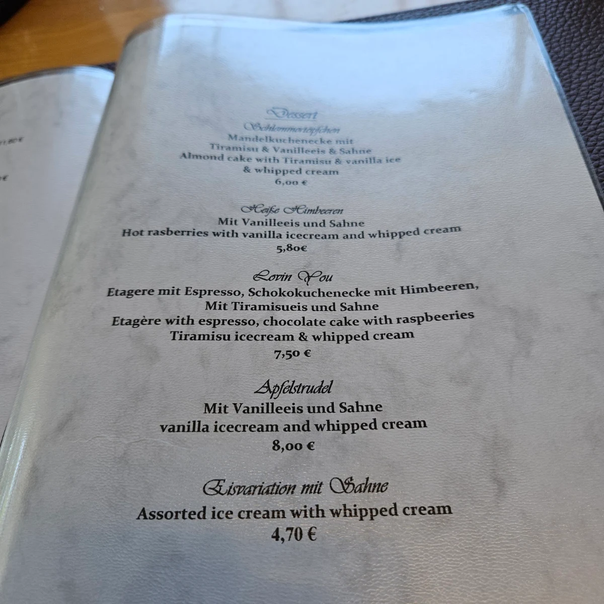 Speisekarte, Restaurant "Zum Stern"