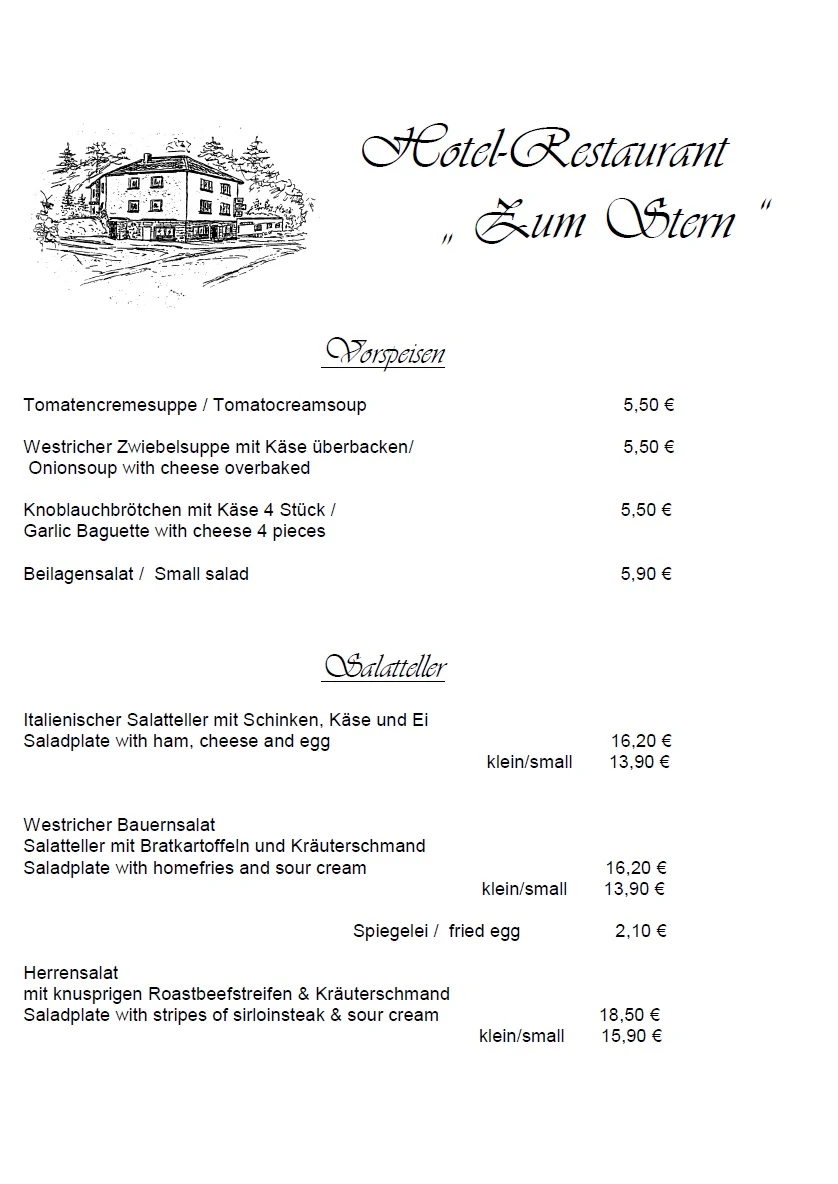 Speisekarte, Restaurant "Zum Stern"