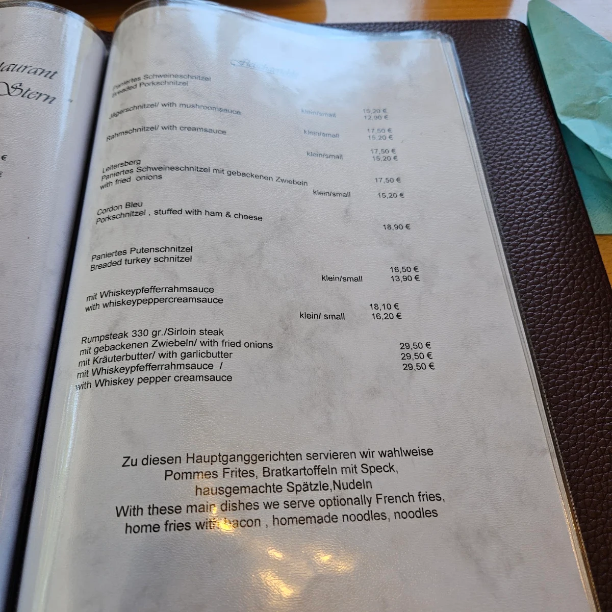 Speisekarte, Restaurant "Zum Stern"