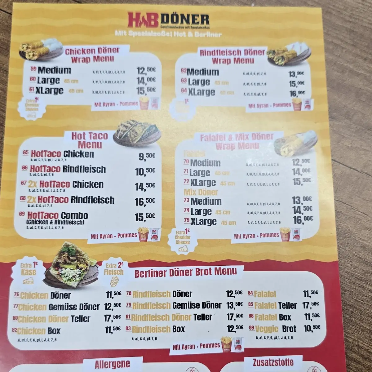 Speisekarte, HB Döner Heilbronn