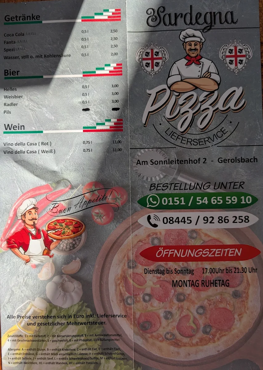 Speisekarte, Sardegna Pizza Service
