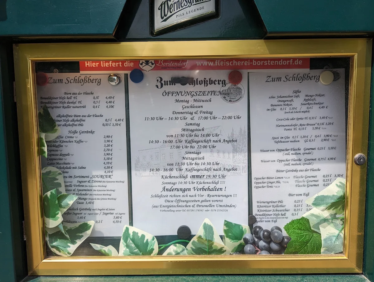 Speisekarte, Gaststätte Zum Schloßberg