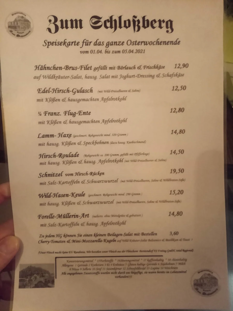 Speisekarte, Gaststätte Zum Schloßberg