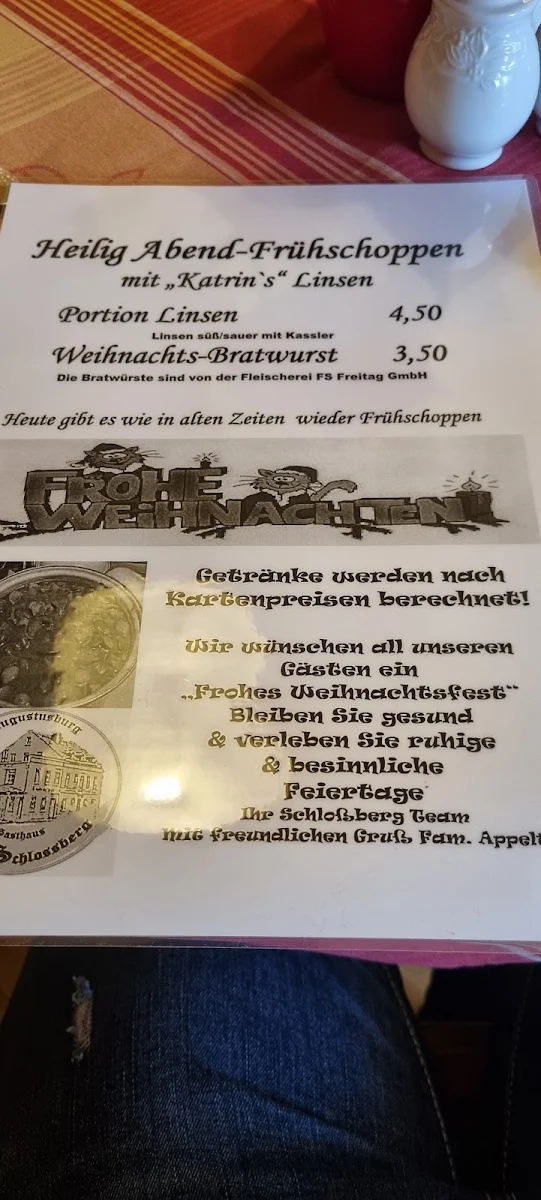 Speisekarte, Gaststätte Zum Schloßberg