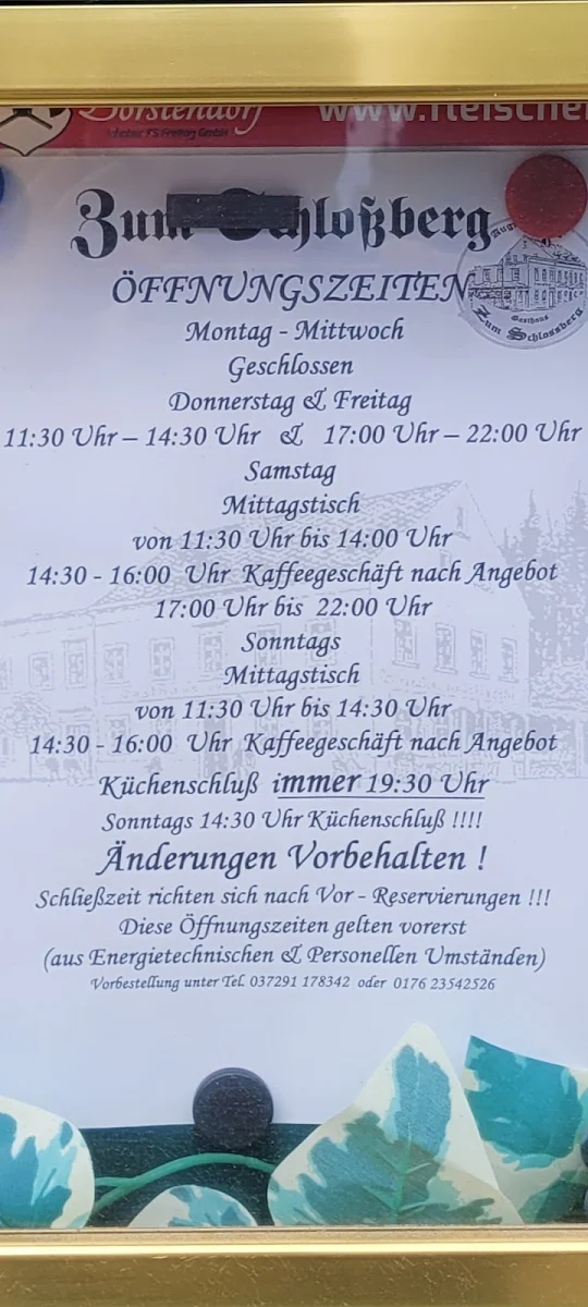 Speisekarte, Gaststätte Zum Schloßberg