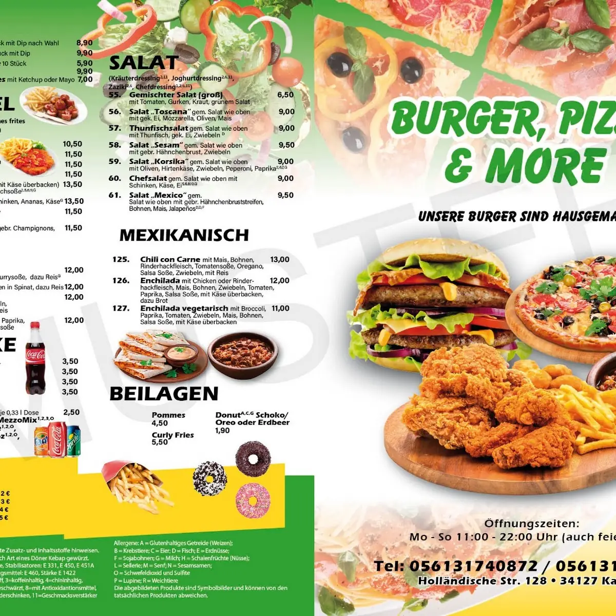 Speisekarte, Burger Pizza & more