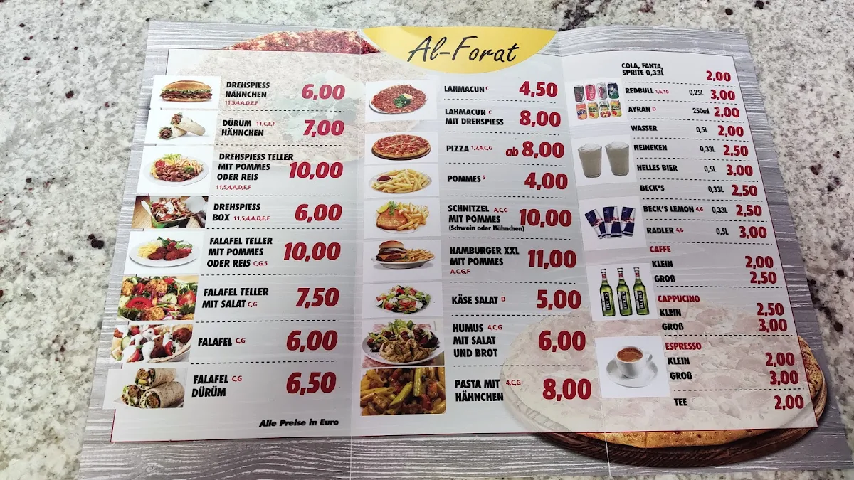 Speisekarte, Restaurant Al Forat Italienische Pizza,Pasta,Burger