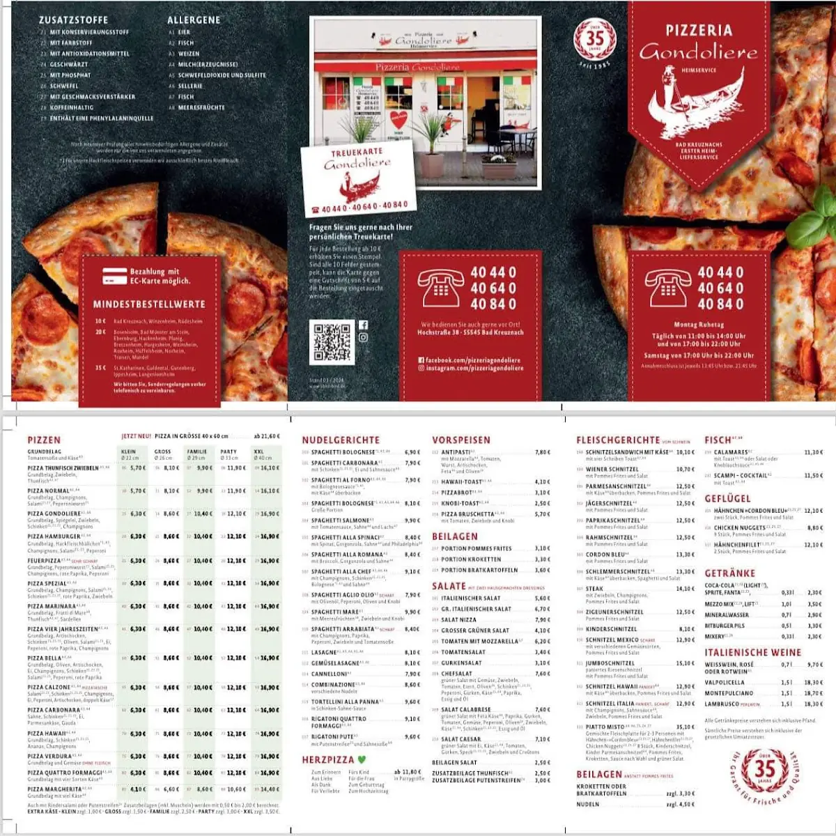 Speisekarte, Pizzeria Gondoliere