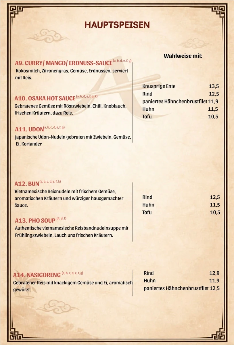 Speisekarte, AnAn Restaurant