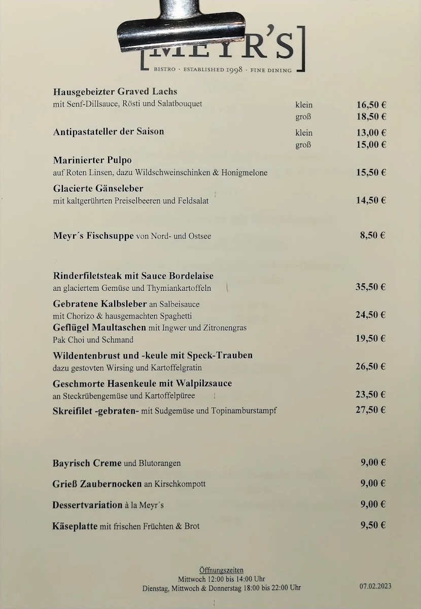 Speisekarte, Meyr's Bistro