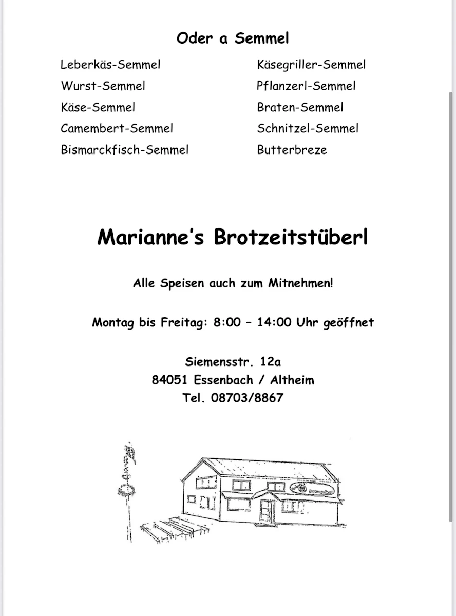 Speisekarte, Restaurant Mariannes Brotzeitstüberl