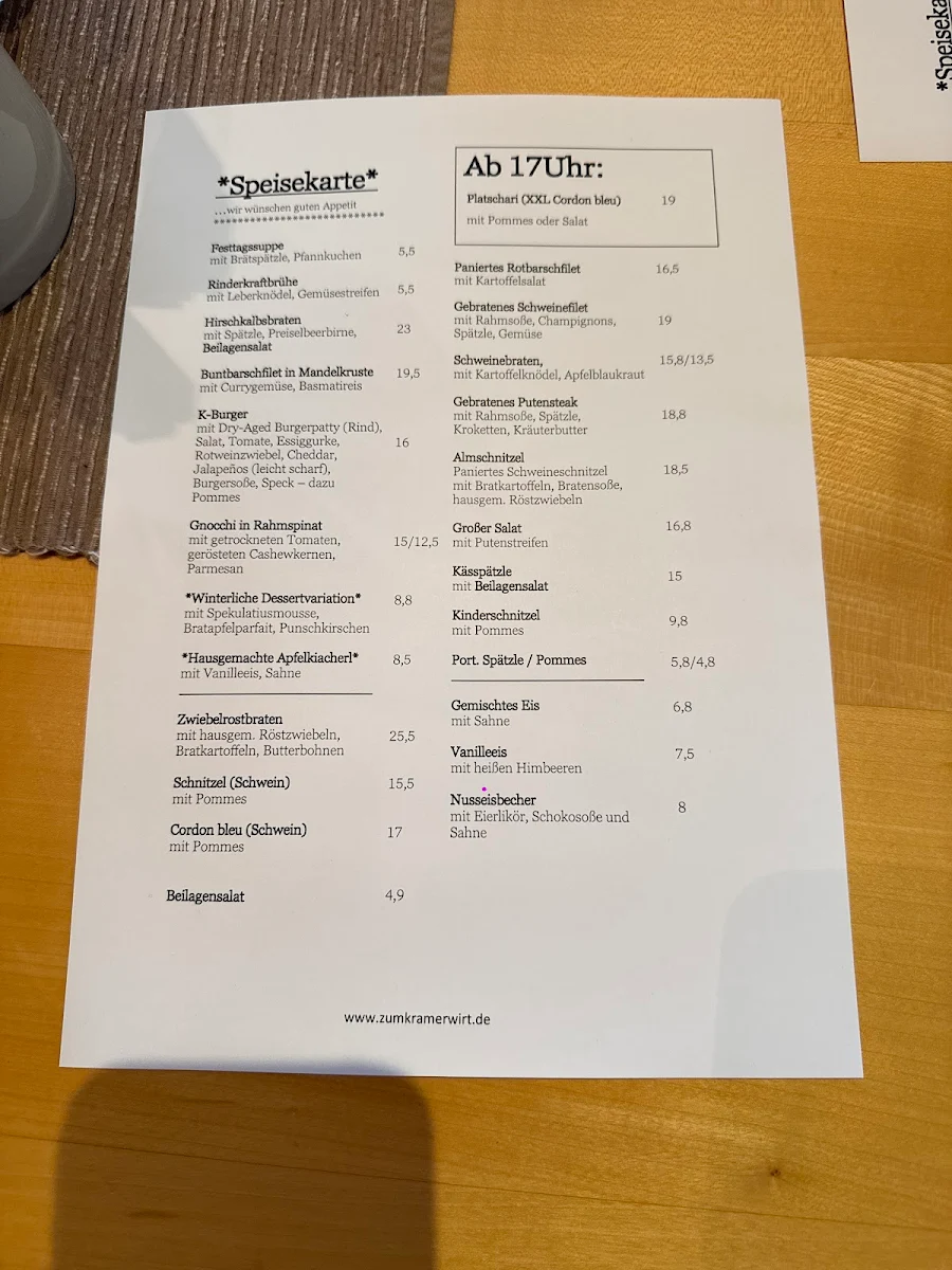 Speisekarte, Viktoriahof zum Kramerwirt (Betriebsurlaub, ab 02.08. wieder geöffnet)