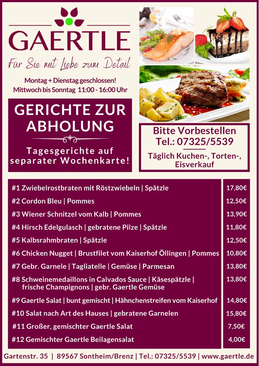Speisekarte, Restaurant Café Eventhaus Gaertle