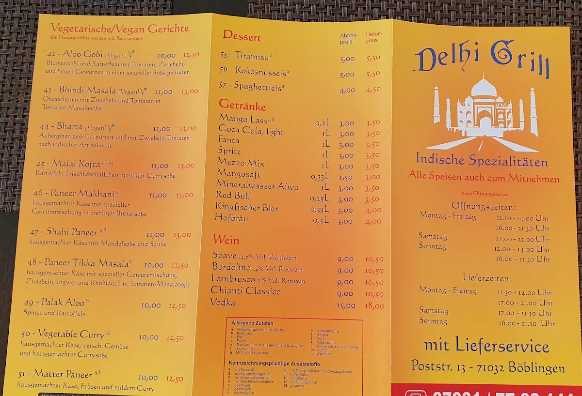Speisekarte, Delhi Grill