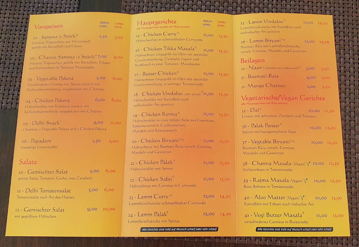 Speisekarte, Delhi Grill