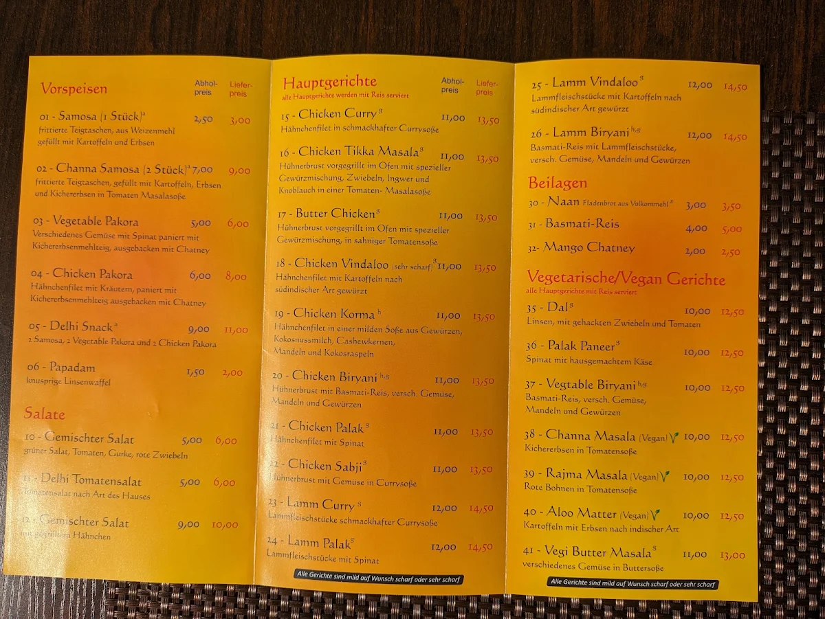Speisekarte, Delhi Grill